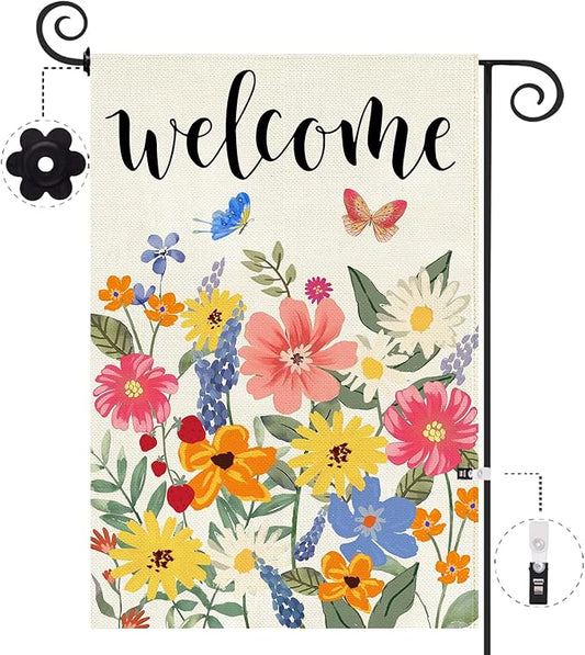 Baccessor Spring Summer Welcome Garden Flag Double Sided 12.5 x 18 Inch Burlap with Clip and Stopper,Floral Butterflies Flag Seasonal Farmhouse Front Yard Lawn Outside Outdoor Decoration
