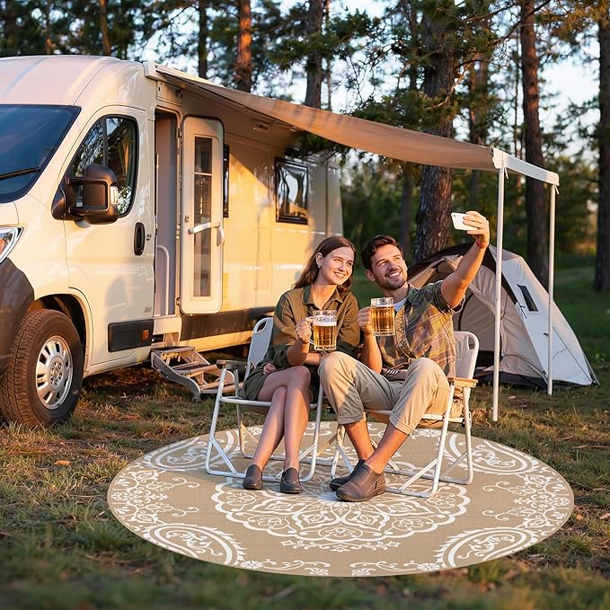 Pauwer Waterproof Outdoor Rug 6ft, Reversible Plastic Straw Patio Camping Rug, Indoor Outdoor RV Mat Carpet for Deck, Camper, Porch, Balcony, Backyard, Picnic, Boho Brown