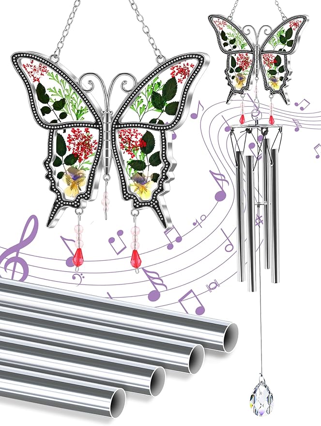 Butterflies Wind Chimes Glass Metal Real Flower and Multicolor 4 Tube Aluminum Windchime with S Hooks,Elegant Chime Outdoor, Garden,Balcony and Home Decoration with Wind Catcher Grandparent Day Gifts