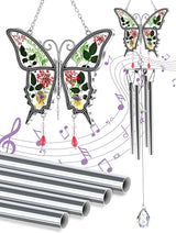 Butterflies Wind Chimes Glass Metal Real Flower and Multicolor 4 Tube Aluminum Windchime with S Hooks,Elegant Chime Outdoor, Garden,Balcony and Home Decoration with Wind Catcher Grandparent Day Gifts