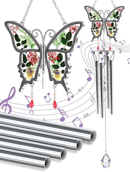 Butterflies Wind Chimes Glass Metal Real Flower and Multicolor 4 Tube Aluminum Windchime with S Hooks,Elegant Chime Outdoor, Garden,Balcony and Home Decoration with Wind Catcher Grandparent Day Gifts