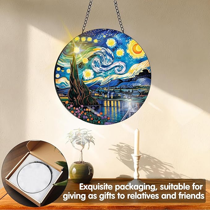 VAIIEYO Starry Night Sun Catcher Stained Glass Window Hanging Ornament, Handmade Sun Catcher Landscape Decoration with Hooks for Window Garden Home, Mother's Day & Birthday Housewarming Gift 7.8 inch