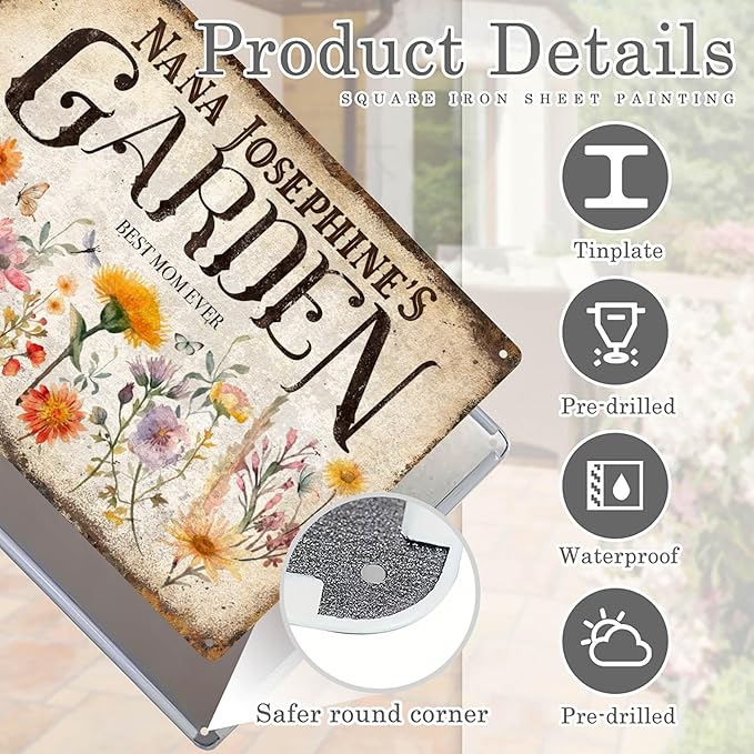 Custom Garden Signs Personalized Metal Tin Sign for Women, Retro Hummingbird Metal Sign for Outdoor, Patio, Yard Home Decor Gift for Mothers Day, Grandmas, and Gardening Lovers (For MOM 02)