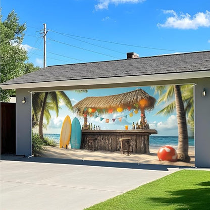 ANNA QUEEN Tiki Bar Garage Door Banner 6 x 13FT, Tropical Beach Surf Scene with Palm Trees and Surfboards,Outdoor Garage Decoration for Summer Parties Home Decor