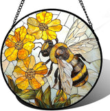 Stained Glass Window Hanging - Yellow Bees Gathering Flowers Sun Catcher for Door Garden Home Decor Cute Suncatcher Christmas Mother's Day Birthday Gifts for Women Men Mom Nana 11.8 in