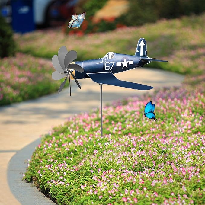 Airplane Wind Spinner - Outdoor Metal Windmill | Stainless Steel Aircraft Wind Sculpture Spinner | Garden Sculpture for Lovers