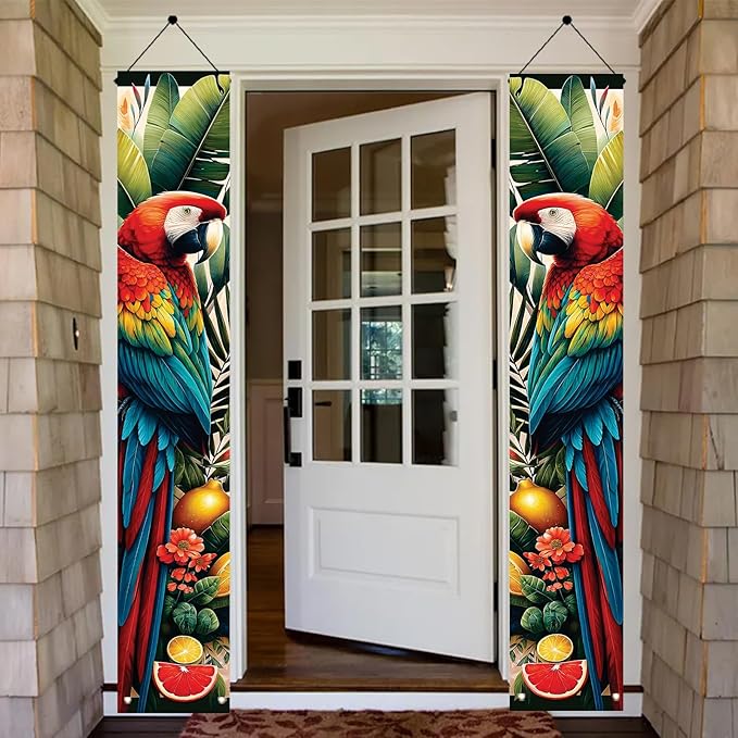 Summer Luau Tropical Parrot Porch Banners 71x12 Inch Party Decorations Colorful Macaw Hanging Door Signs Jungle Leaves Outdoor Patio Welcome Banner for Home Decor