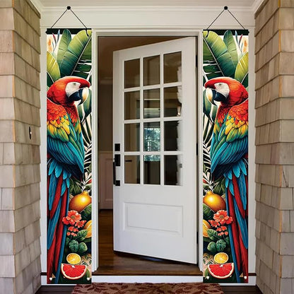 Summer Luau Tropical Parrot Porch Banners 71x12 Inch Party Decorations Colorful Macaw Hanging Door Signs Jungle Leaves Outdoor Patio Welcome Banner for Home Decor