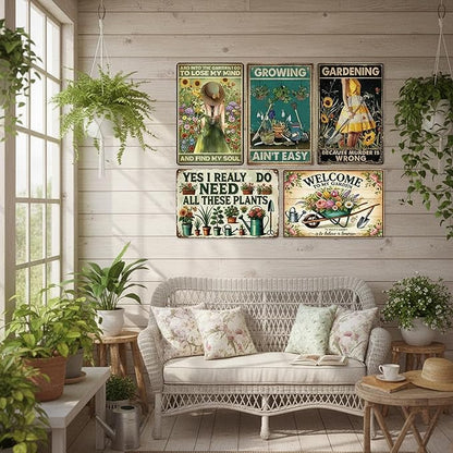 Funny Metal Garden Sign, 8" x 12" Vintage Gardening Decor - 5Pcs Women's Garden Gifts, Weather-Resistant Metal Wall Art for Yard, Backyard, Patio & Porch