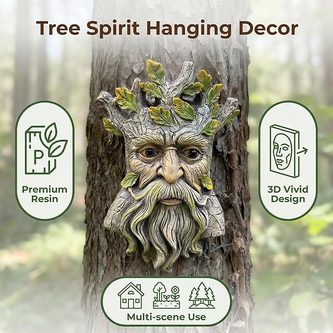 Tree Face Garden Statues Outdoor Decoration, Whimsical Tree Faces Clearance Old Man for Stump Hugger Sculpture, Wallmount Statue Art with Leaf, Yard Fence Hanging Decor, 6.7" x 2.8" x 9.8"