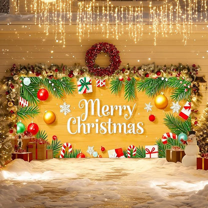 IVN Christmas Garage Door Cover Decoration 13x6ft Wood Texture Pine Garlands Gifts Candy Canes Merry Christmas Winter Garage Door Banner Home Door Front Yard Decor for Xmas Eve Holiday Outdoor
