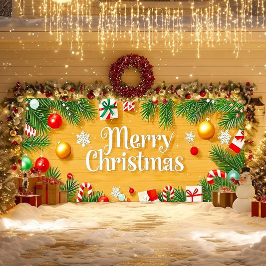IVN Christmas Garage Door Cover Decoration 13x6ft Wood Texture Pine Garlands Gifts Candy Canes Merry Christmas Winter Garage Door Banner Home Door Front Yard Decor for Xmas Eve Holiday Outdoor