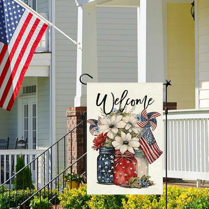 1Pcs 4th of July Garden Flag, Summer Small Yard Flags for Outside, Independence Day Garden Flags 12x18 Vertical Double Sided, Patriotic Mason Jar Flowers Garden Flags for 4th of July Outside Decoration