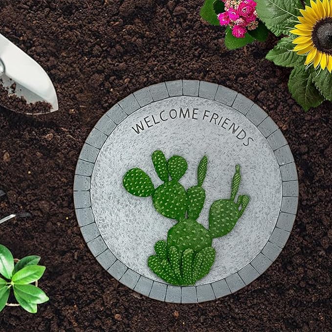 Landoraloria Cement Garden Stepping Stones Outdoor 10” Round Welcome Path Stones with Succulent Design Outdoor Yard & Patio Decor Hand-Painted Cactus Welcome Sign