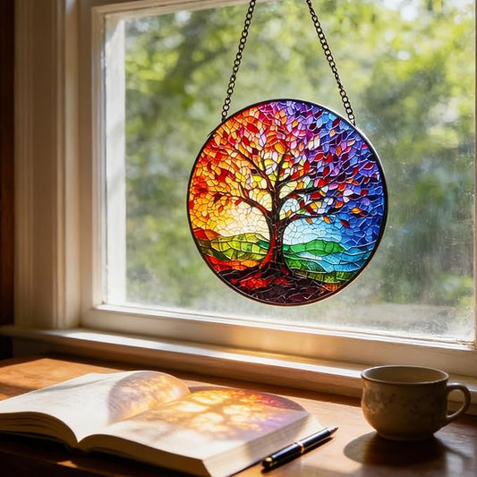 Stained Glass Tree of Life Suncatcher - 7.8In Handcrafted Window Hanging & Wall Art for Home, Living Room, Garden & Outdoor Porch Decor - Birthday, for Women Mom Teacher