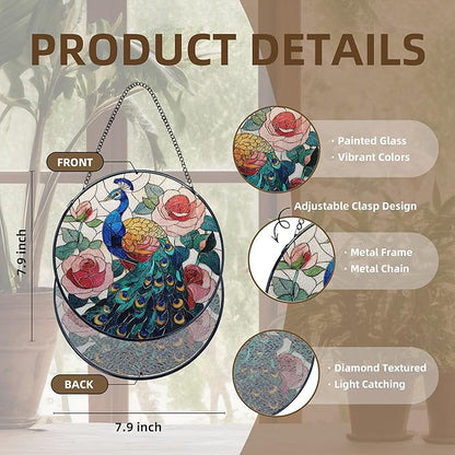 Peacock Stained Glass Window Hanging, Peacock Suncatchers, Bird Rose Flowers Sun Catchers Indoor Window Round Glass Wall Art Hanging Decorations, 7.9x7.9in