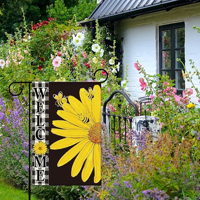 Welcome Garden Flag for Outside,Yellow Daisy Spring Garden Flag Yard Lawn Porch Flags for Outdoor Spring Decorations 12x18 Inch Double Sided