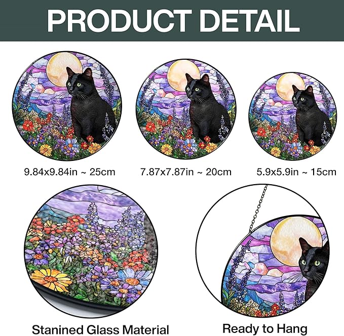 Black Cat Stained Glass Suncatcher – Cat Wild Floral Window Hanging Decor, Cats Memorial Gifts, Pet Loss Sympathy Gift for Pet Lovers, Home & Garden Decoration, Birthday, Christmas, Mother's Day