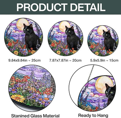 Black Cat Stained Glass Suncatcher – Cat Wild Floral Window Hanging Decor, Cats Memorial Gifts, Pet Loss Sympathy Gift for Pet Lovers, Home & Garden Decoration, Birthday, Christmas, Mother's Day