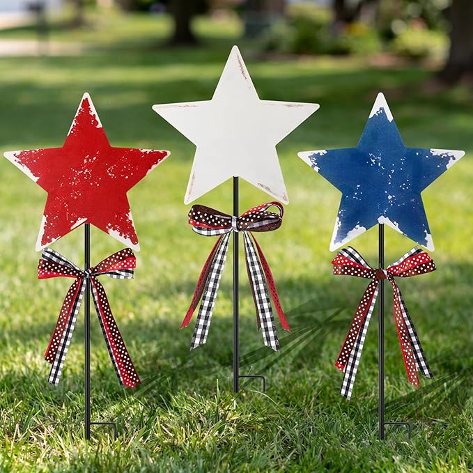 Amyhill 4th of July Outdoor Decorations Decor Patriotic Star Metal Garden Stakes Welcome Yard Signs Retro Red White Blue Garden Stakes for 250th Anniversary Patio Lawn Walkway Outside