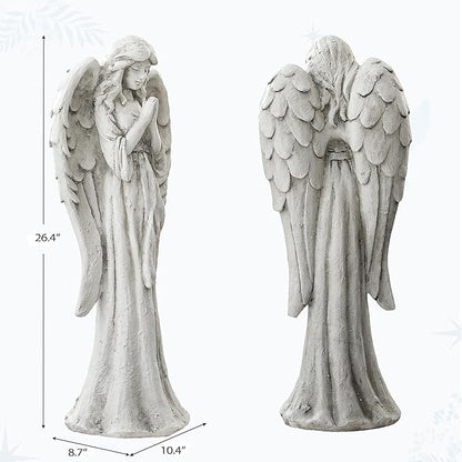 Praying Angel Statue for Outdoor Garden, 26.4 Inch Large Heavenly Memorial Sculpture,Durable MGO Stone Standing Angels for Yard, Patio or Cemetery Decor,Offering Comfort & Peace, Antique White