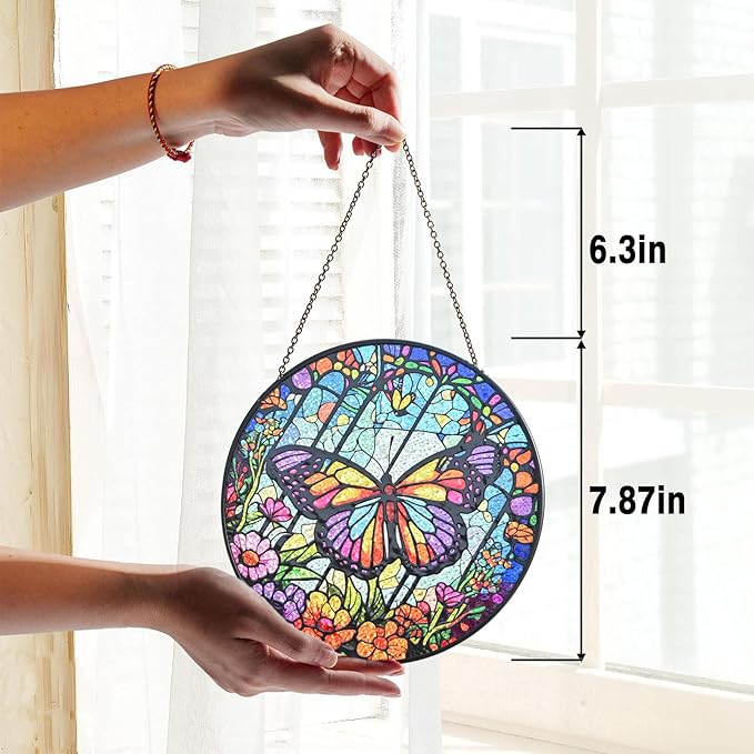 Stained Glass Window Hanging - Butterfly and Floral Suncatcher Handmade Decorative Glass Art Panel Sun Catcher for Windows, Home, and Garden, Indoor & Outdoor Decoration