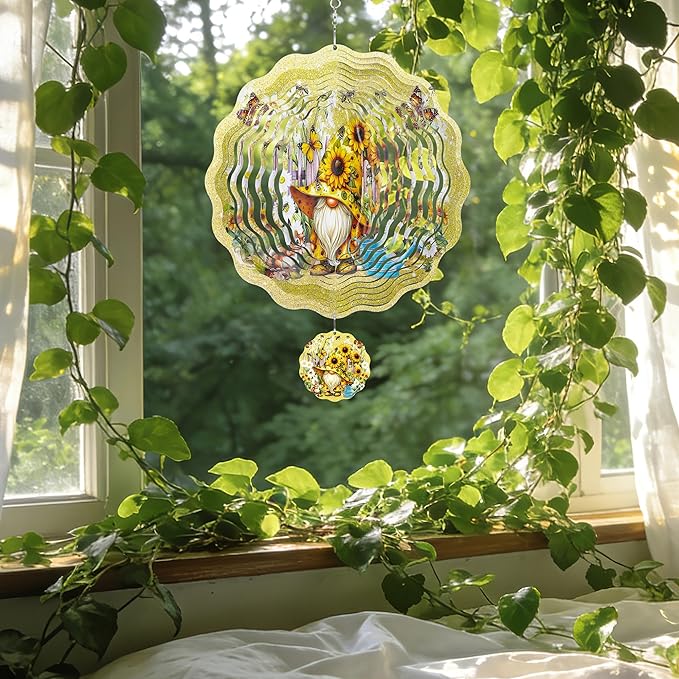 Metal Wind Spinners Outdoor - 3D Kinetic Art Hanging Ornaments Sunflower Gnome Wind Spinner Patio Lawn Garden Yard Balcony Indoor Home Decor Gnomes Gifts for Women Mom Grandma Wife Friends