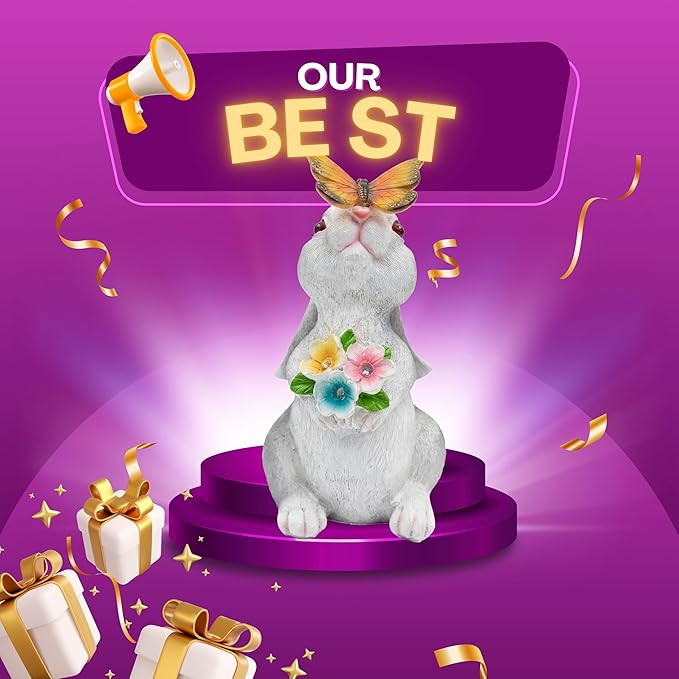 Solar Garden Statues Rabbit with Butterfly and LED Solar Flower Lights, Cute Waterproof Resin Outdoor Decorations for Patio Yard Lawn, Gifts for Housewarming