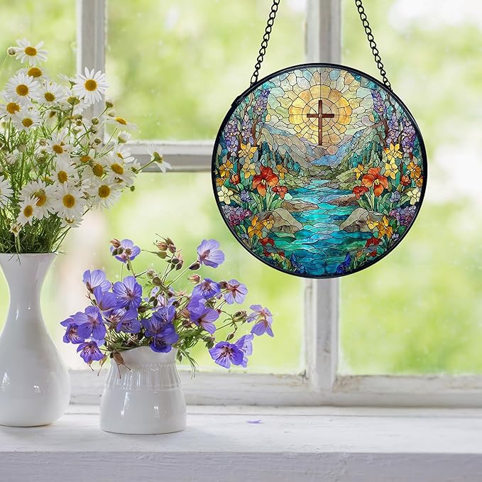 Christian Cross Flower Suncatcher Stained Glass Window Hanging, Cross Wildflower Sun Catchers Indoor Window Glass Wall Art Decor, Religious Wall Hanging Decor Decorations, 7.9x7.9 Inch