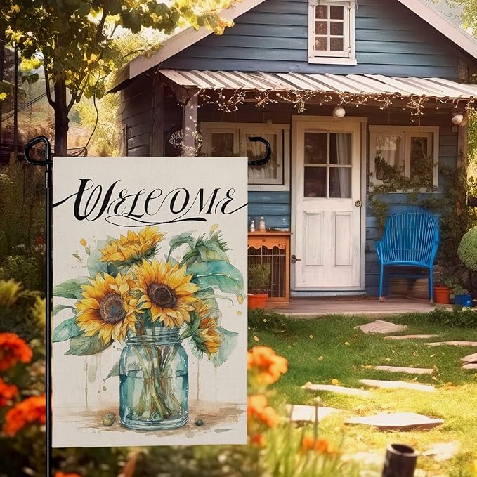 Summer Sunflower Garden Flag 12x18 Inch Double Sided Welcome Flower Vase Vertical Seasonal Yard Flags for Outdoor Yard Lawn Home Decoration