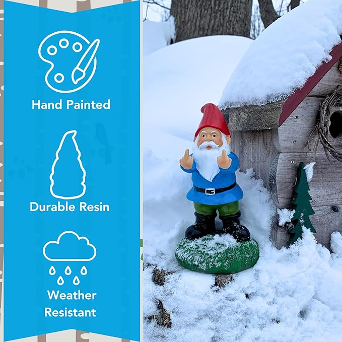 Gnometastic Middle Finger Gnome Statue 8.5in, The Original Double Bird Funny Garden Gnomes Statues Outdoor Decorations for Yard, Patio and Lawn Ornaments