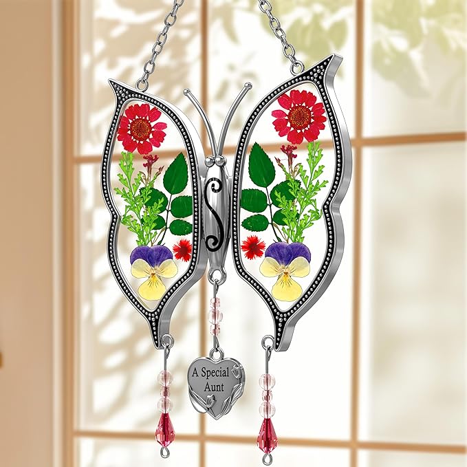 KY&BOSAM Gifts for Aunt Suncatchers for Windows Butterfly Stained Glass A Special Aunt Wind Chime with Pressed Flowers & Heart Charm Gifts for Aunt Mother's Day Wedding Home Decor