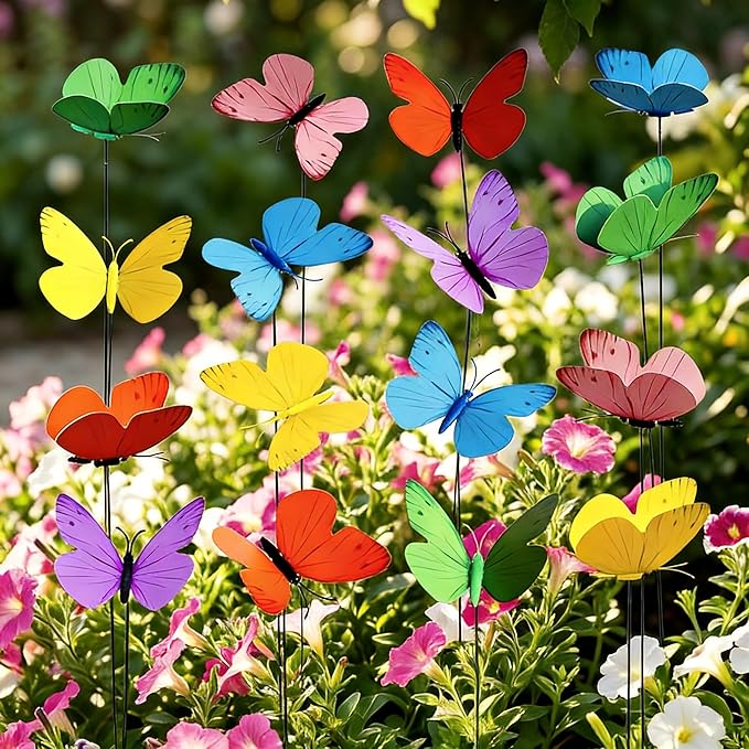 VininMayii，24PCS（6 Colours X 4） Butterfly Garden Stakes，Waterproof Outdoor Yard Art，Vibrant Realistic Plant Picks for Flower Beds，Planters and Patio，Fluttering Whimsical Decor for Spring and Memorials