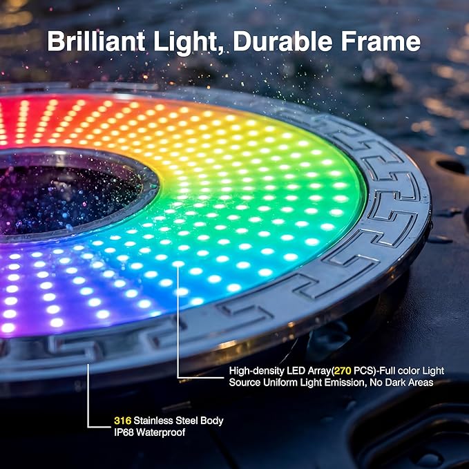 Pond Fountain Aerator Lights, RGB LED Color-Changing Aerator Floating Fountain Light, AC 120V, 100ft Cable with Controller, APP & Remote Control, IP68 Waterproof, Compatible with Most Pond Aerators