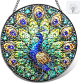 Peacock Stained Glass Window Hanging – Round Bird Suncatcher with Chain, Colorful Glass Ornament for Living Room Bedroom Home Garden Decor Gift, 8 Inch