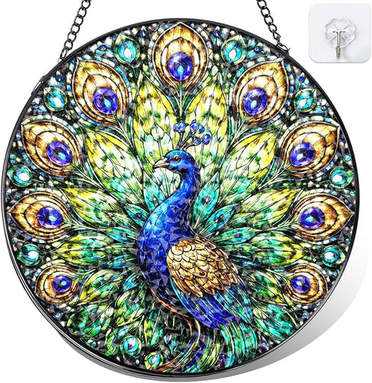 Peacock Stained Glass Window Hanging – Round Bird Suncatcher with Chain, Colorful Glass Ornament for Living Room Bedroom Home Garden Decor Gift, 8 Inch