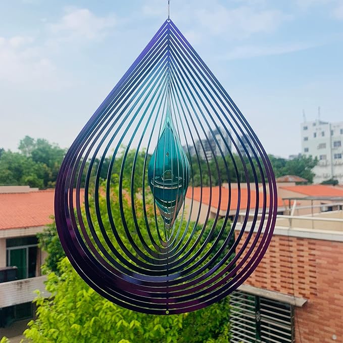 Wind Spinner Garden Indoor Outdoor Decor 3D Stainless Steel Metal Hanging Decorations, Water Droplets Shape Wind Sculptures & Spinners 12inch(Green&Purple),Gifts for Women Mom Dad Friend