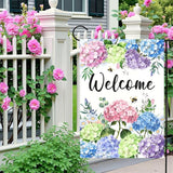 Welcome Hydrangea Garden Flag Spring Summer Colorful Floral Yard Flags Watercolor Flowers Bee Design Seasonal Porch Durable Polyester House Banners for Lawn Patio Outdoor Decor 12 x 18 Inch