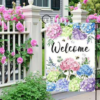 Welcome Hydrangea Garden Flag Spring Summer Colorful Floral Yard Flags Watercolor Flowers Bee Design Seasonal Porch Durable Polyester House Banners for Lawn Patio Outdoor Decor 12 x 18 Inch