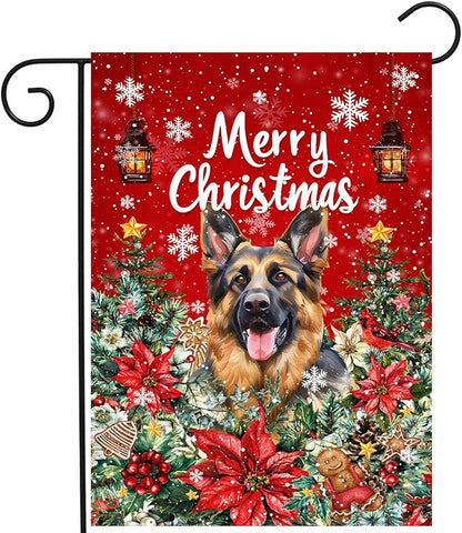 Christmas German Shepherd Garden Flag Merry Christmas Dog Yard Flag for Outside Xmas Flags 12x18 Double Sided Red Poinsettia Garden Flags Winter Porch Decorations Outdoor