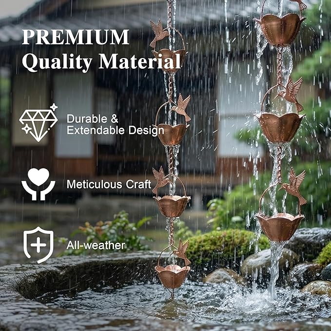 Metal Rain Chain Decoration 7.85FT., Rain Catcher Metal Chain Gutter Downspout 94'' for House Eaves, Garden & Home, Flying Bird and Flower Shape Rain Chains