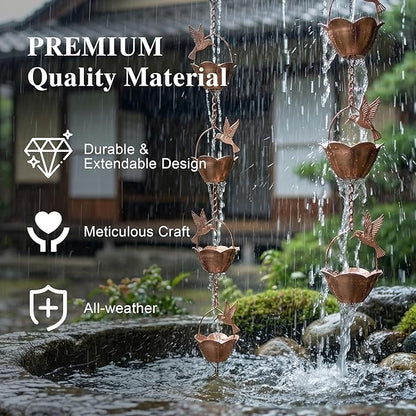 Topadorn 7.85 FT Rain Chains Decorative Iron Gutter Chain with 12 Rain Collector Cups with Hummingbird Petal Iron Flower Cups Garden Decorative
