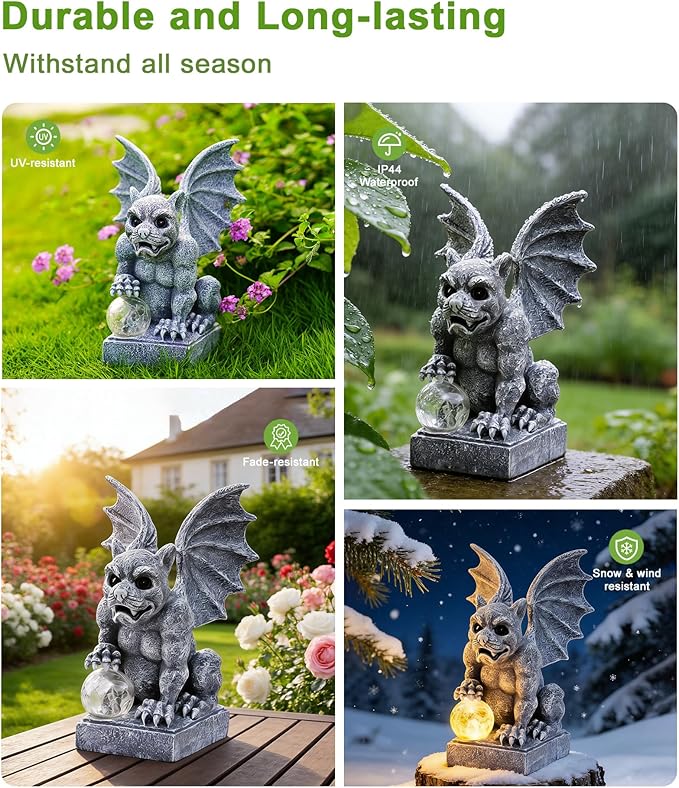 Nacome Solar Gothic Gargoyle Garden Statue: Outdoor Dragon Decor Sculpture with Ball Lights for Yard Art Porch Patio - Unique Birthday Gifts for Women Mom