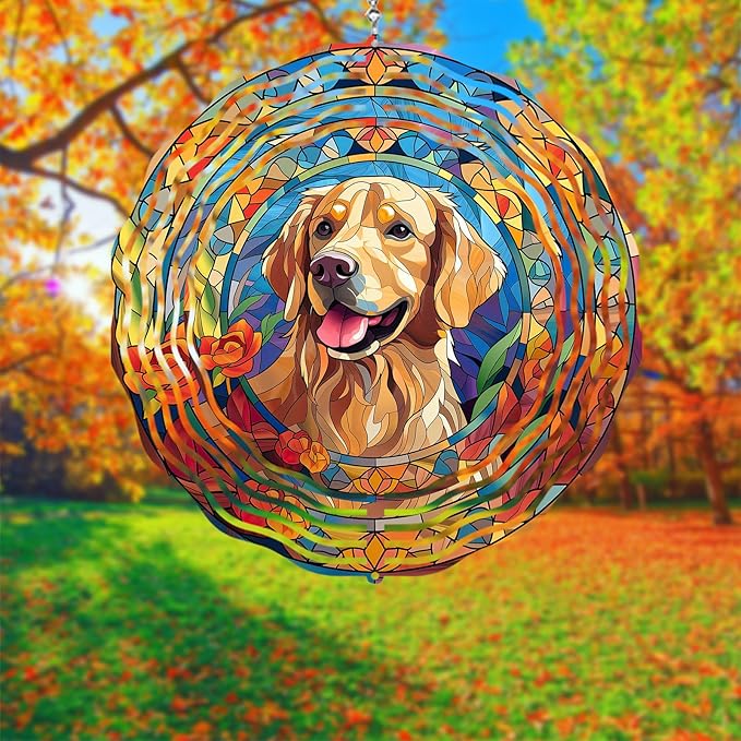 Golden Retriever Wind Spinner Pet Dog Memorial Gifts 3D Aluminum Metal Kinetic Hanging Wind Sculpture Spinners for Yard and Garden Indoor Outdoor Window Garden Decoration 8 Inch (Golden Retriever 1)