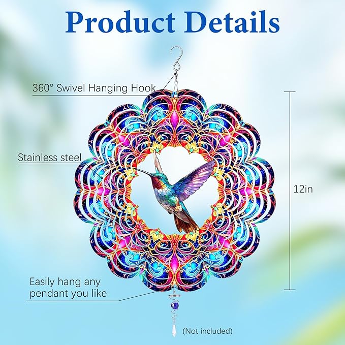 Wazzio Hummingbird Wind Spinner 12" Metal, Hummingbird Gifts for Women Mom Wife Grandma, Outdoor Indoor Hanging Ornament for Garden Porch Backyard Lawn, Gift for Birthday Thanksgiving Christmas