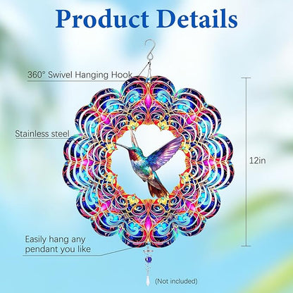 Wazzio Hummingbird Wind Spinner 12" Metal, Hummingbird Gifts for Women Mom Wife Grandma, Outdoor Indoor Hanging Ornament for Garden Porch Backyard Lawn, Gift for Birthday Thanksgiving Christmas