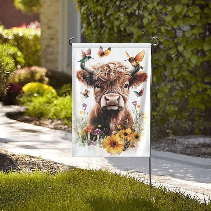 Floral Highland Cow Garden Flags 12×18 Inch Mushrooms Hummingbirds Butterfly Double Sided Decorative Yard Banner Seasonal Flag for Outdoor Outside Decor