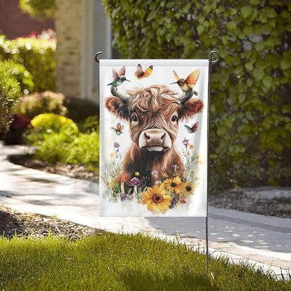 Floral Highland Cow Garden Flags 12×18 Inch Mushrooms Hummingbirds Butterfly Double Sided Decorative Yard Banner Seasonal Flag for Outdoor Outside Decor