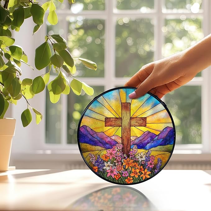 Cross Flower Suncatchers Stained Glass Window Hanging, Easter Christian Wildflower Landscape Sun Catchers Indoor Window Glass Round Wall Decor, 7.9x7.9in