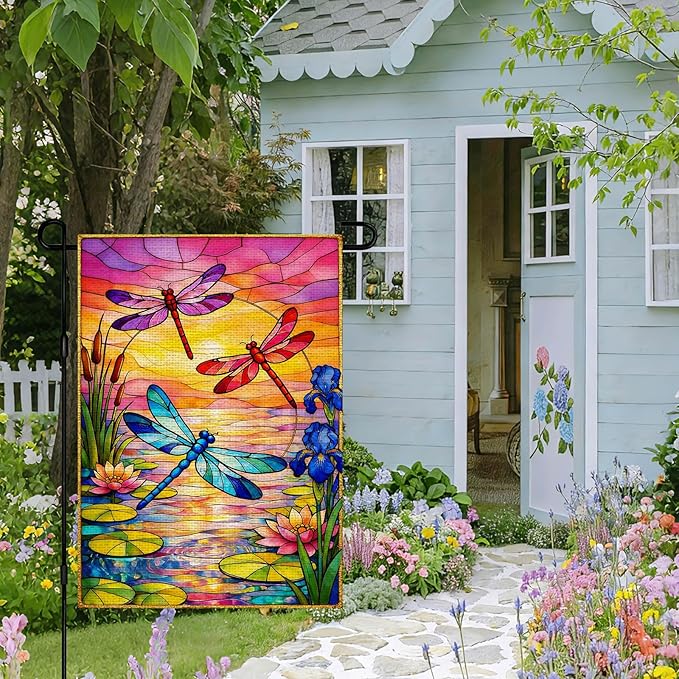 IVN Dragonfly Garden Flag 12x18 Inch – Sunset Lake Stained Glass Style Outdoor Flag, Double Sided Burlap Yard Flag for Porch Lawn Patio Decorative